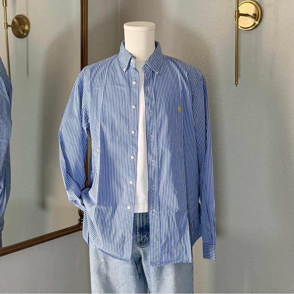 Ralph Lauren Custom Fit Striped Button Down Shirt XL Blue White